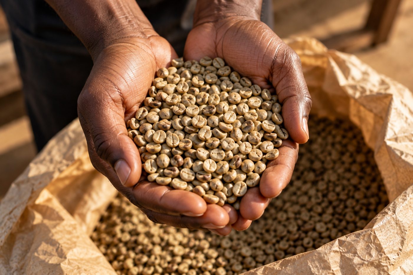 A farmer’s cupped hands holding green FAQ coffee beans over an open sack