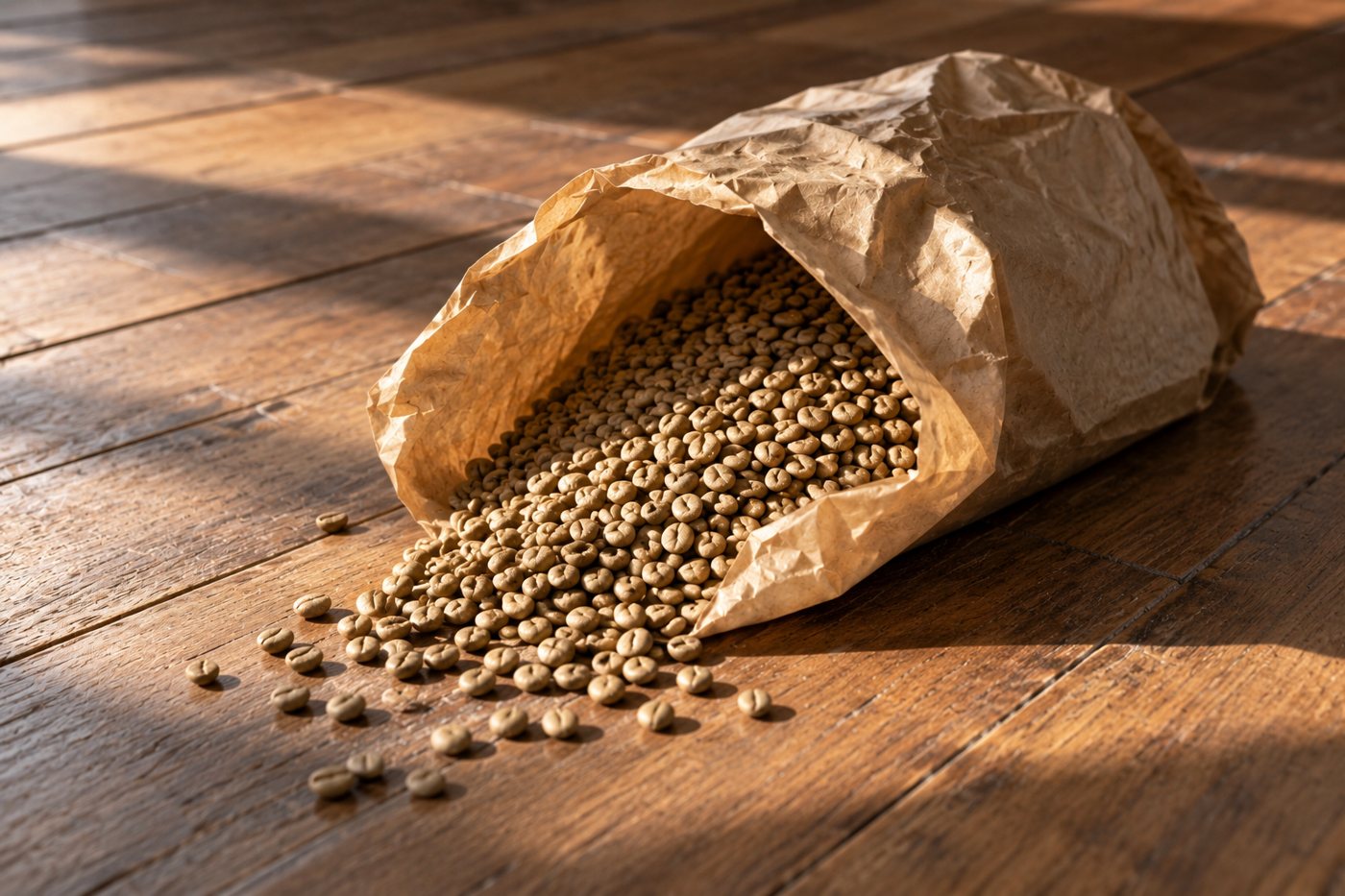 Green coffee beans spilling from a paper sack in warm light